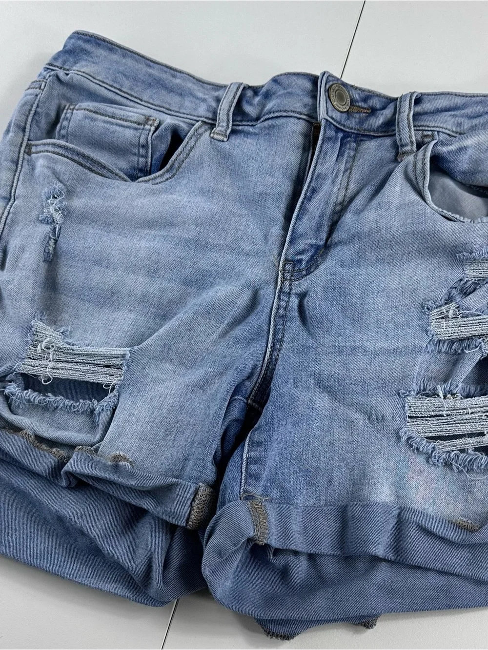 Distressed Light Blue Denim Shorts